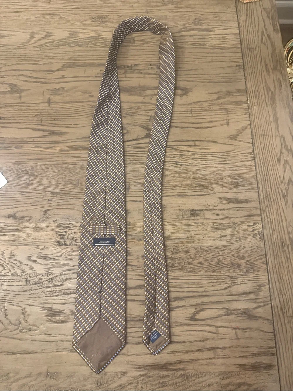 Faconnable Brown Tie with Blue and Cream Grid Pattern